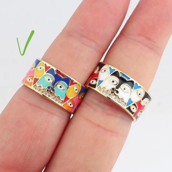 Anthro Silver Gold Ornament Boho Enamel Cats Wide Ring Jewelry Dopamine - Picture 4 of 13